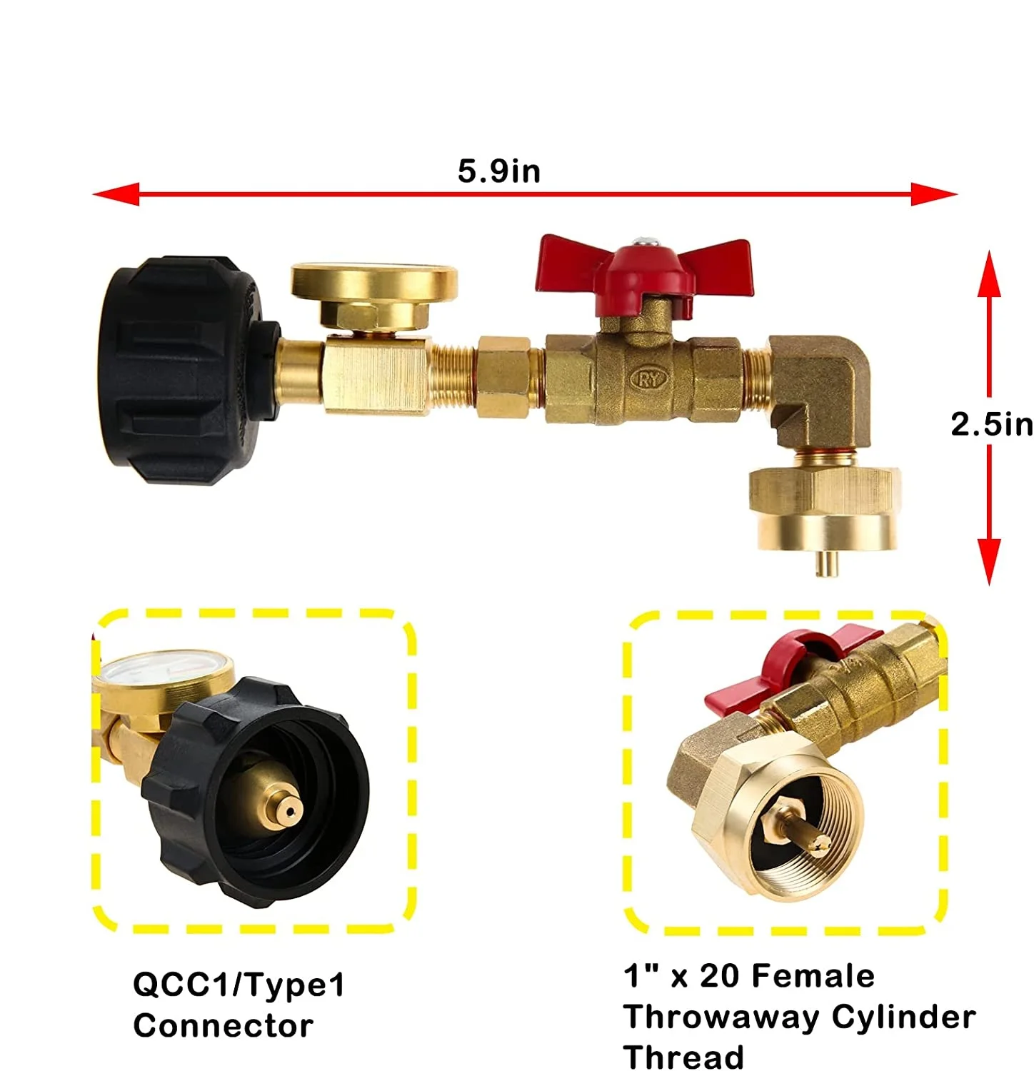 QCC1 Propane Refill Elbow Adapter with Luminous Tank Gauge 90 Degrees Refill Pressure Adapter ON-Off Control Valve 1LB Bottle