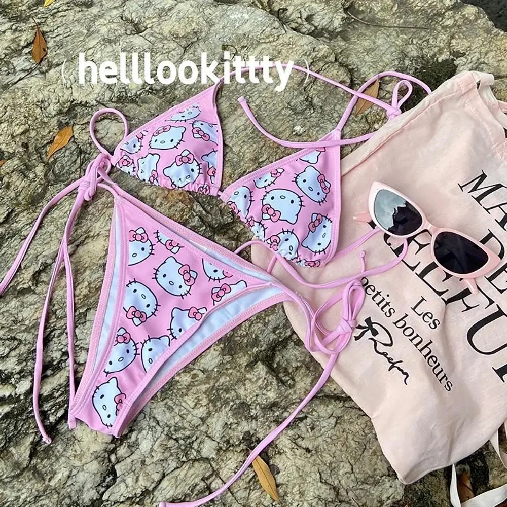 Sexy Sanrio Hello Kitty Bikini 2pcs Set Cute Woman Summer Beach Soft Side Strappy Kawaii Panties Swimsuit Trend Gift To The Lady