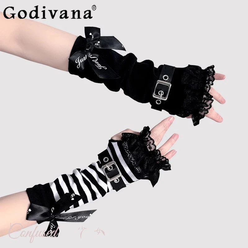 

Y2K Subculture Черно-белые полосатые кружевные рукава для женщин Лето Тонкий панк-стиль Лолита Горячая девушка Сладкие крутые рукава JK