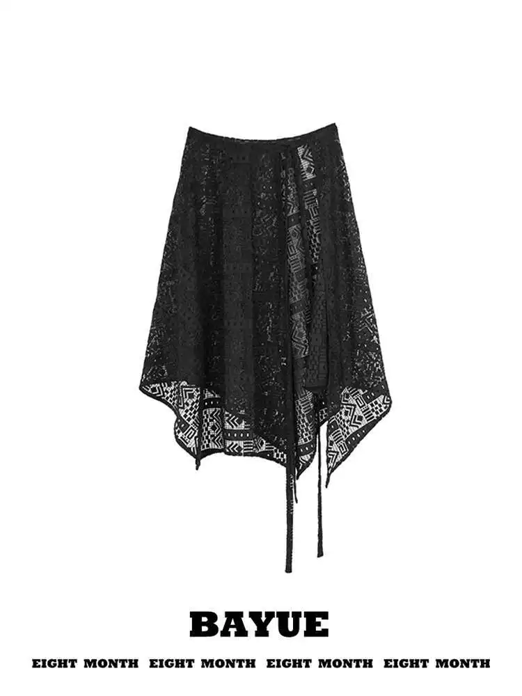 

Черная цельная кружевная занавеска с вырезами, складная юбка, занавеска с нерегулярным подолом, кружевная юбка, верхняя юбка