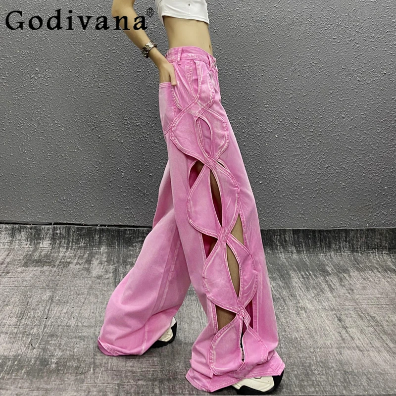 

Girl Summer New Personalized Hollow Chic Age-reducing Long Jeans High Waist Loose Fashion Versatile Street Wide Leg Floor Pants