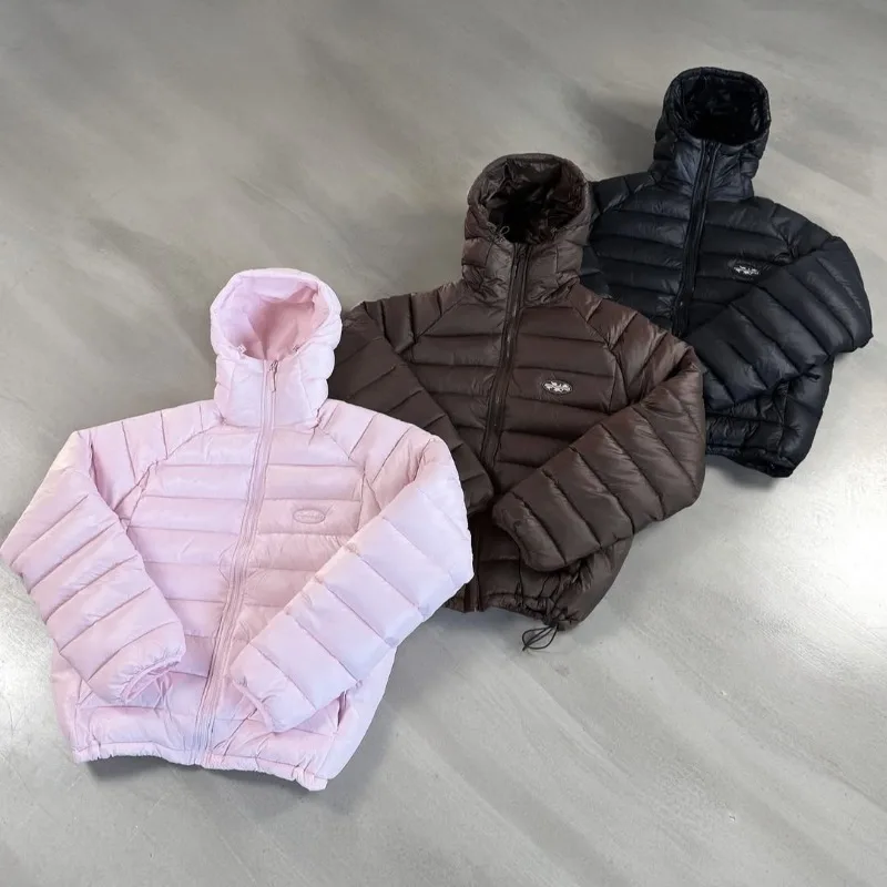 

Y2K Trendy Slim Puffa Jacket Winter New Striped Patchwork Label Loose Casual Down Jacket Retro Men Women Warm Streetwear Jacket