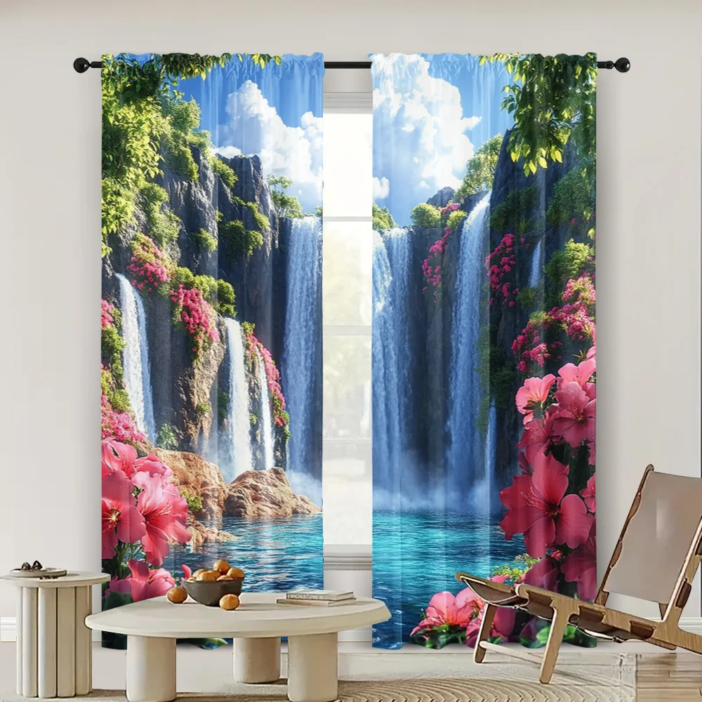 2pc,  Curtains Scenery Waterfall Flowers Protecting Privacy Festive Holiday Perfect for Parties and Everyday Decor, Easy Hang