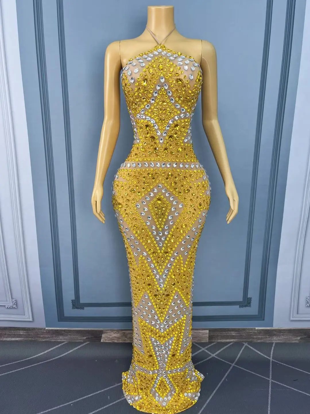 Jinjingying Luxury Dubai Evening Dress Gold Diamond Sexy Perspective Mesh Hanging Neck Dress Banquet Birthday Cocktail Dress