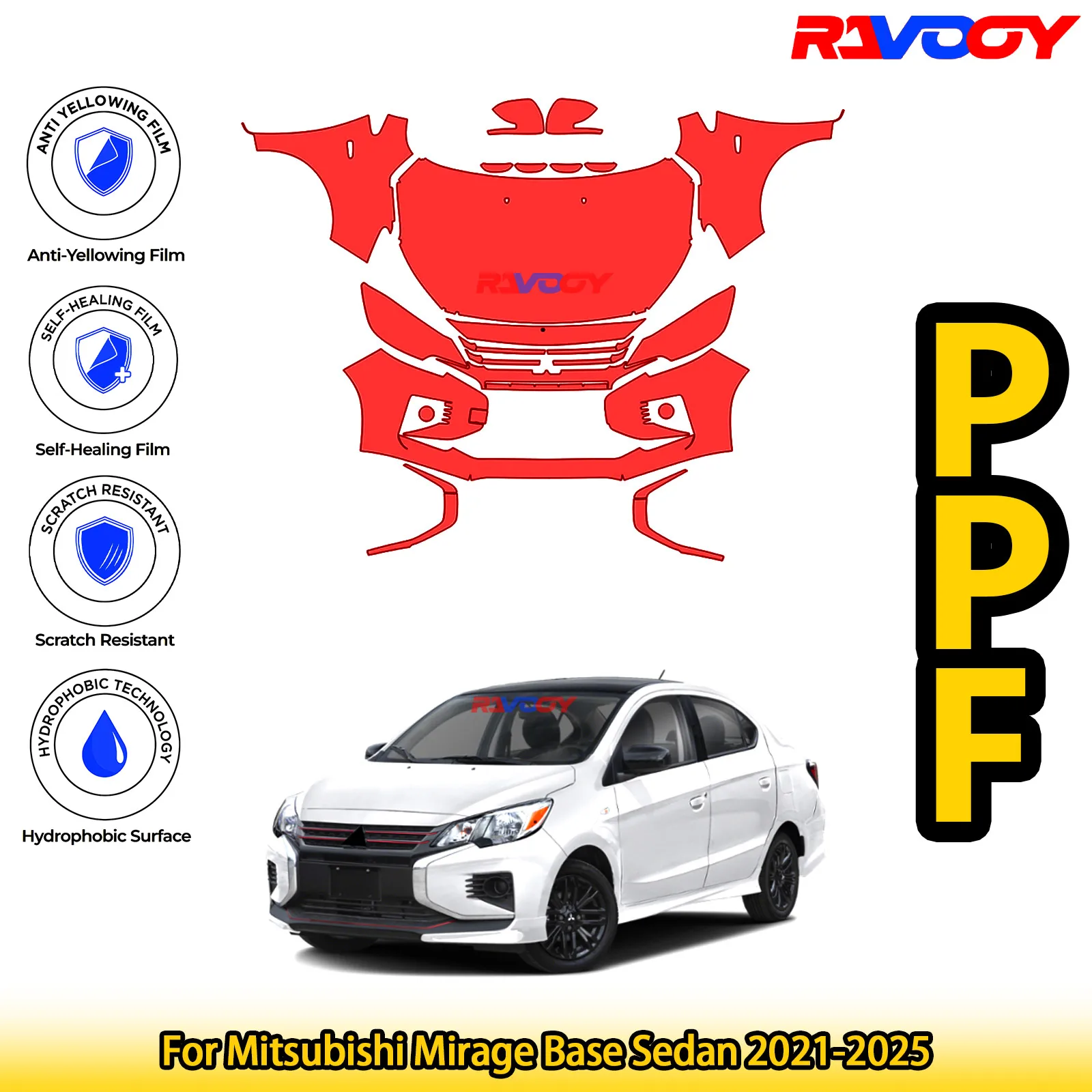 

Для Mitsubishi Mirage Base Sedan 2021-2025 глянцевая матовая черная предварительно вырезанная передняя защитная пленка PPF комплект