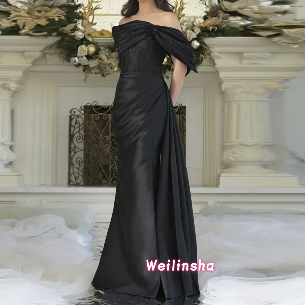 Customized Black Off Shoulder Satin Mother of the Birde Dress with Sequins High Slit Elegant Long Wedding Party Gowns
