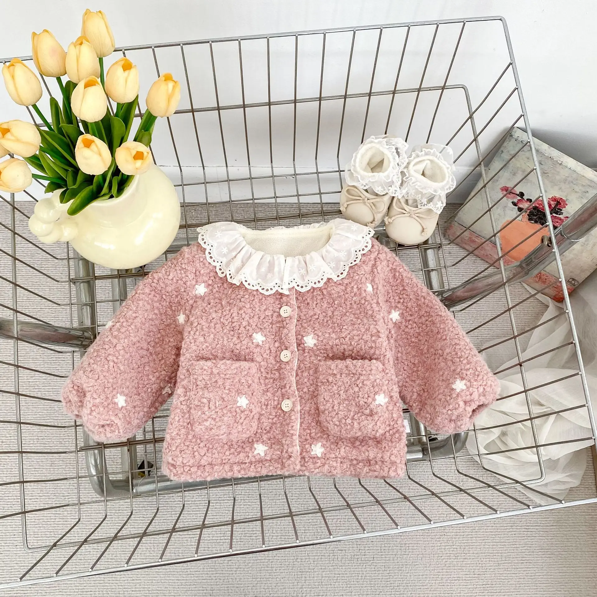 2026 New Winter Girls Korean Fleece-Lined Jacket + Star Top + Lace Flared Pants Set | Sweet Cute Outfit