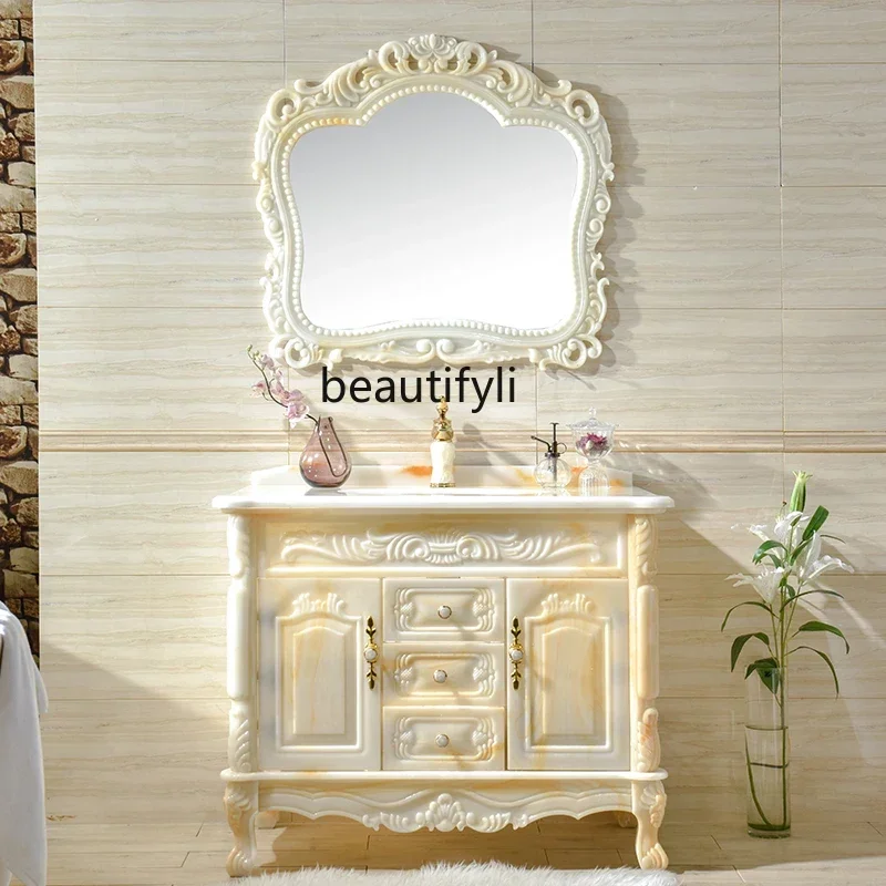 

cqyEuropean-Style Bathroom Cabinet Combination Light Luxury Jade Floor Wash Basin Washbasin Bathroom