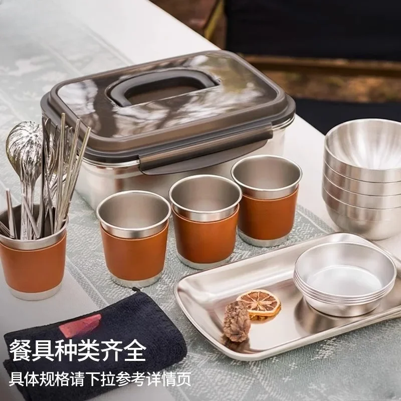 Outdoor picnic tableware set Stainless steel camping travel cookware Kitchenware Portable storage bag Tableware