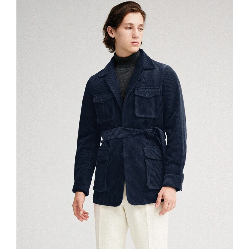 Only Jacket 1 PCS 2024 New Men's Corduroy Hunting Design Belt Comfortable Suede Casual Suit Single Breasted Pocket Slim Fashion image 6