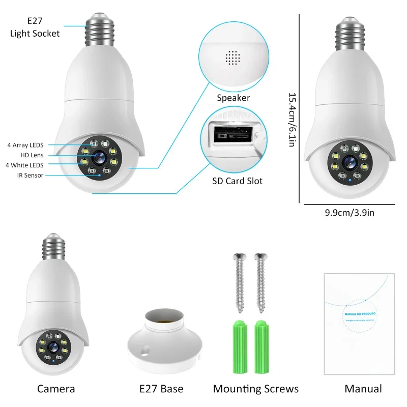 Minicámara de vigilancia con bombilla E27, 1080P, Wifi, rotación de 360 °, seguimiento humano automático, visión nocturna, vídeo por voz