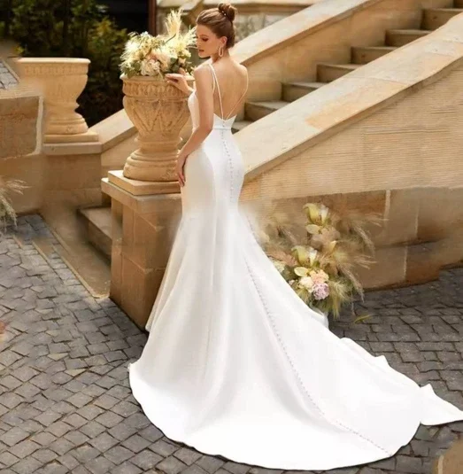 Vestido de novia elegante con cuello en V y tirantes finos sin espalda con cinturón sirena alta calidad Sexy nupcial para vestidos de boda de la iglesia