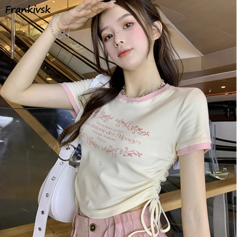 Women T-shirts Panelled Summer Sweet Girls All-match Letter Printed Japanese Y2k Fashion Slim O-neck Casual Streetwear Tops Cute