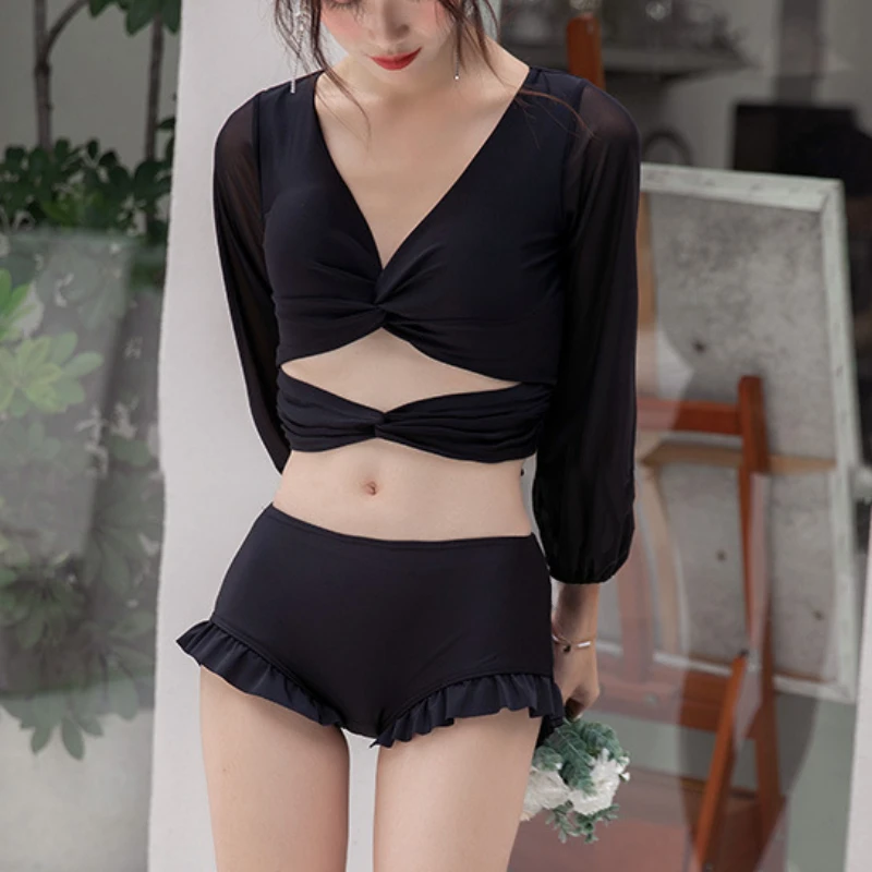 Long Sleeves Two Pieces Swimsuit Mesh Women Bathing Suit Lady V-Neck Solid Beachwear 2024 Summer Holiday Trendy Female Clothes