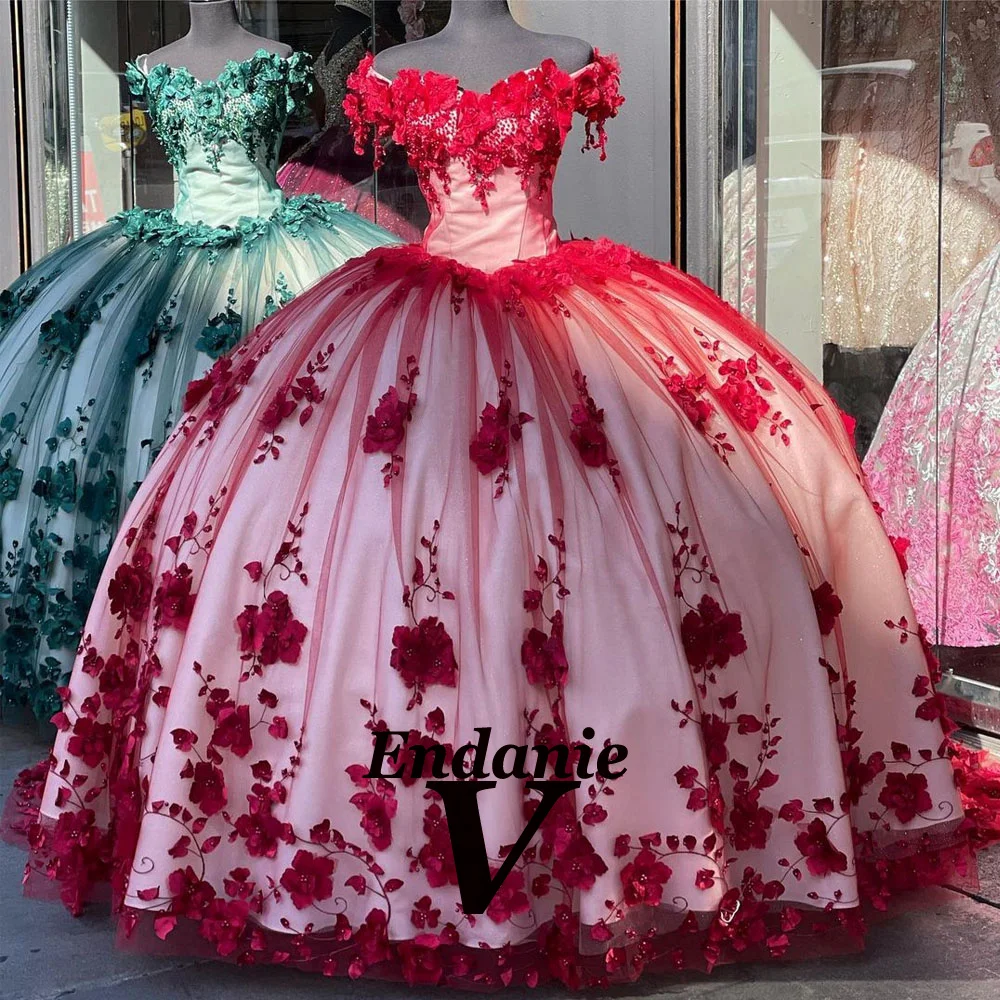 Vendanie Romantic Modern Ball Gowns Appliques Off the Shoulder 3-D Flowers Lacing up Draped for Women 15 Ans Quinceanera