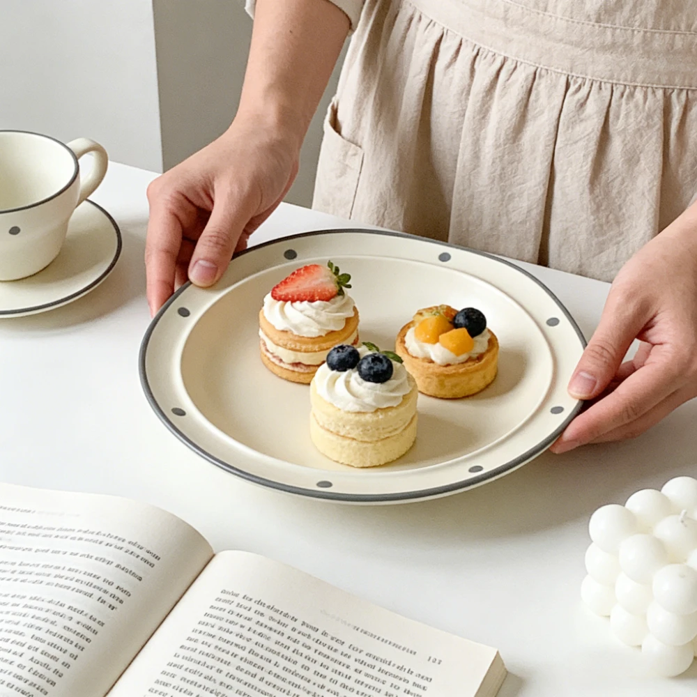 Japanese Matte-sanded Polka Dot Ceramic Deep Plate,high Appearance Level, Suitable for Instagram Dessert, Salad and Pasta Dishes