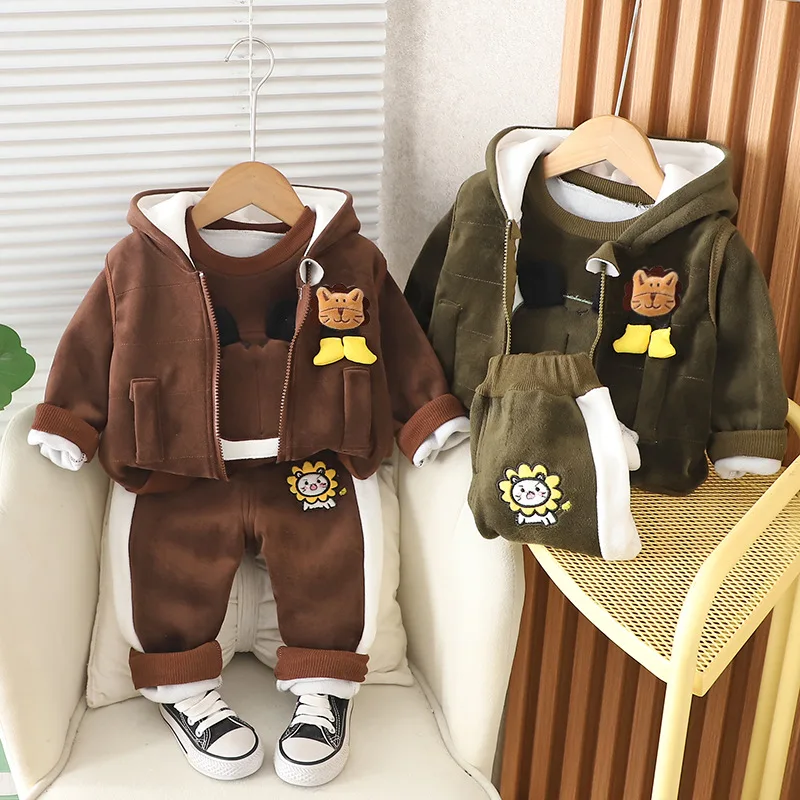 Children Warm Clothing Sets Winter Plus Velvet Thick 3Pcs Outfits Cartoon Bear Baby Boys Girls Sport Tracksuit Suits 1-4 Years