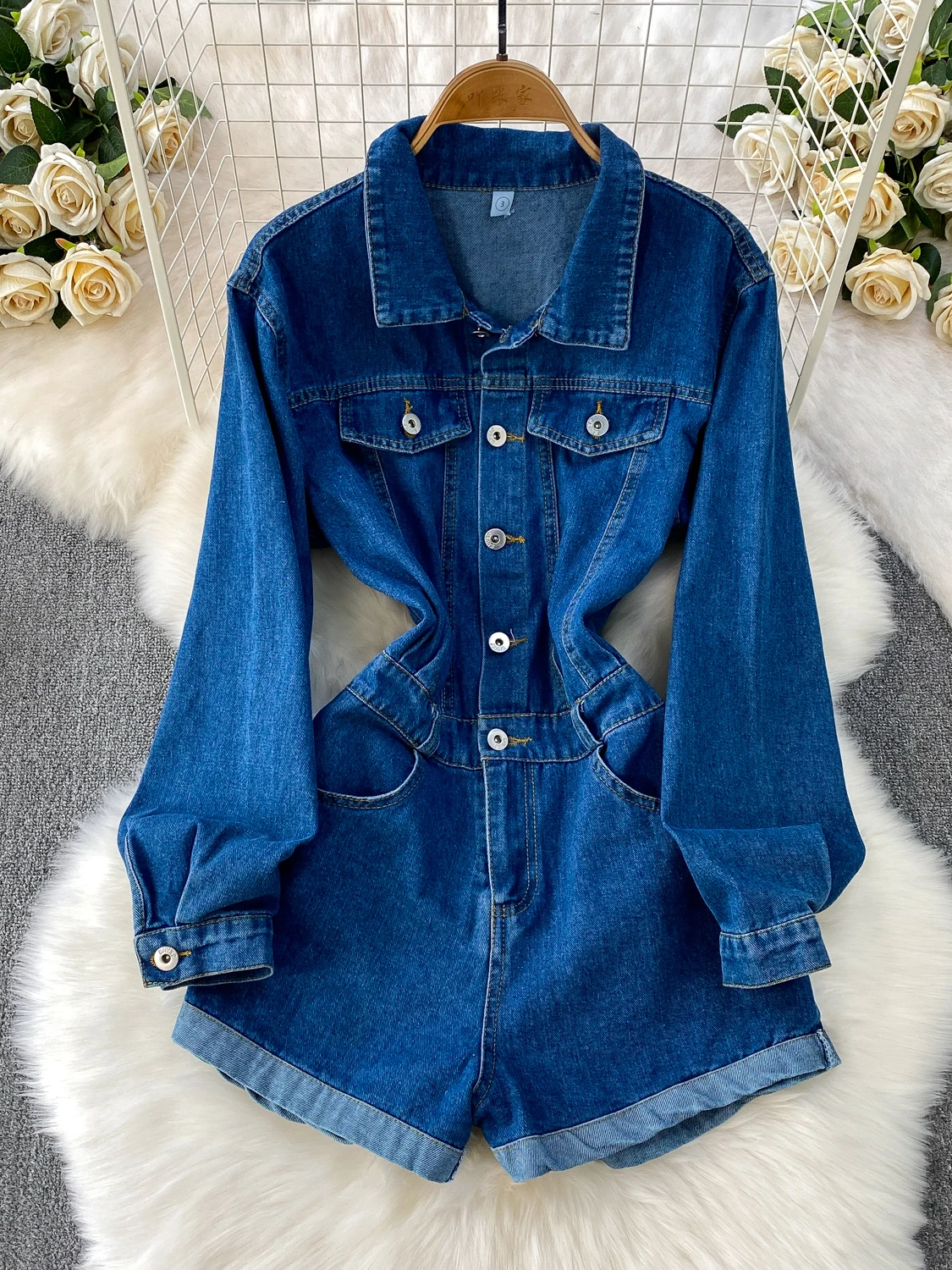 

Hong Kong Sle Street Faion Anti-Aging Collared Denim Rer Women's Winter Single Button Waist Cinching Cuffed orts Trendy