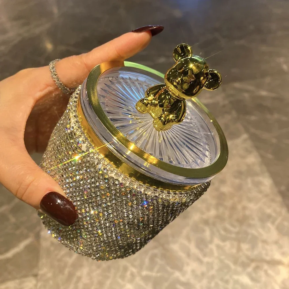 Sparkling Diamond Toothpick Box With Bear Lid Cotton Swab Storage Case Storing Cotton Swabs Dental Floss Toothpick Jar Organizer view 5