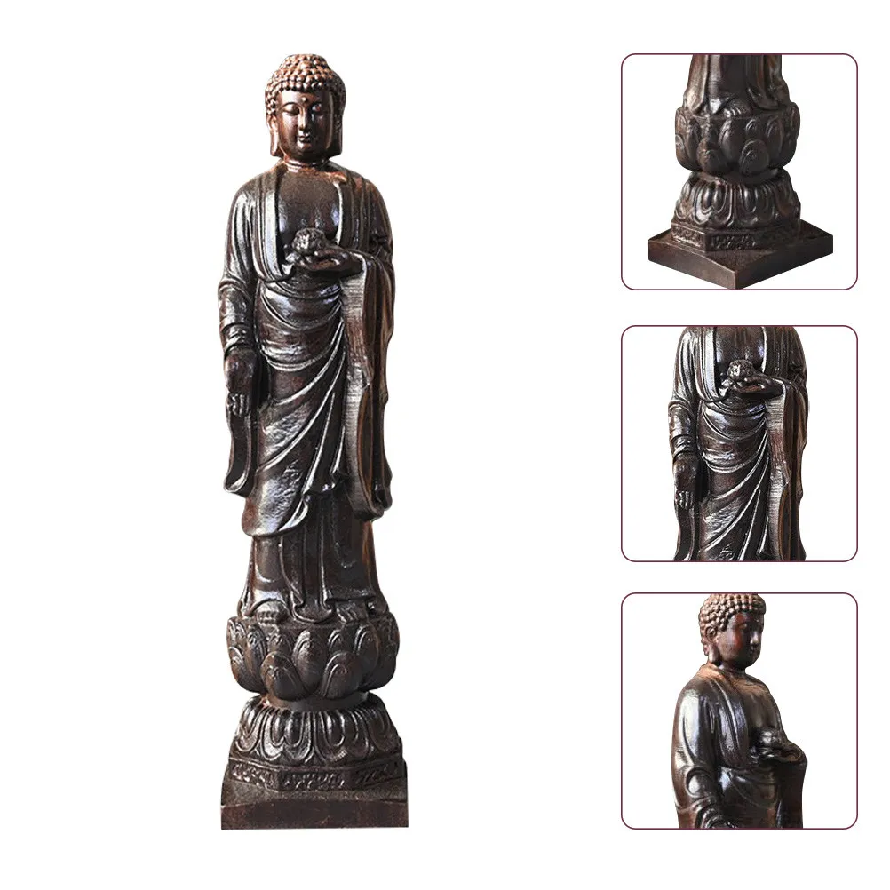 Delicate Wooden Buddha Statue Vintage Carved Lotus Design Home Decor Desktop Ornament for Office Table Living Room Cabinet