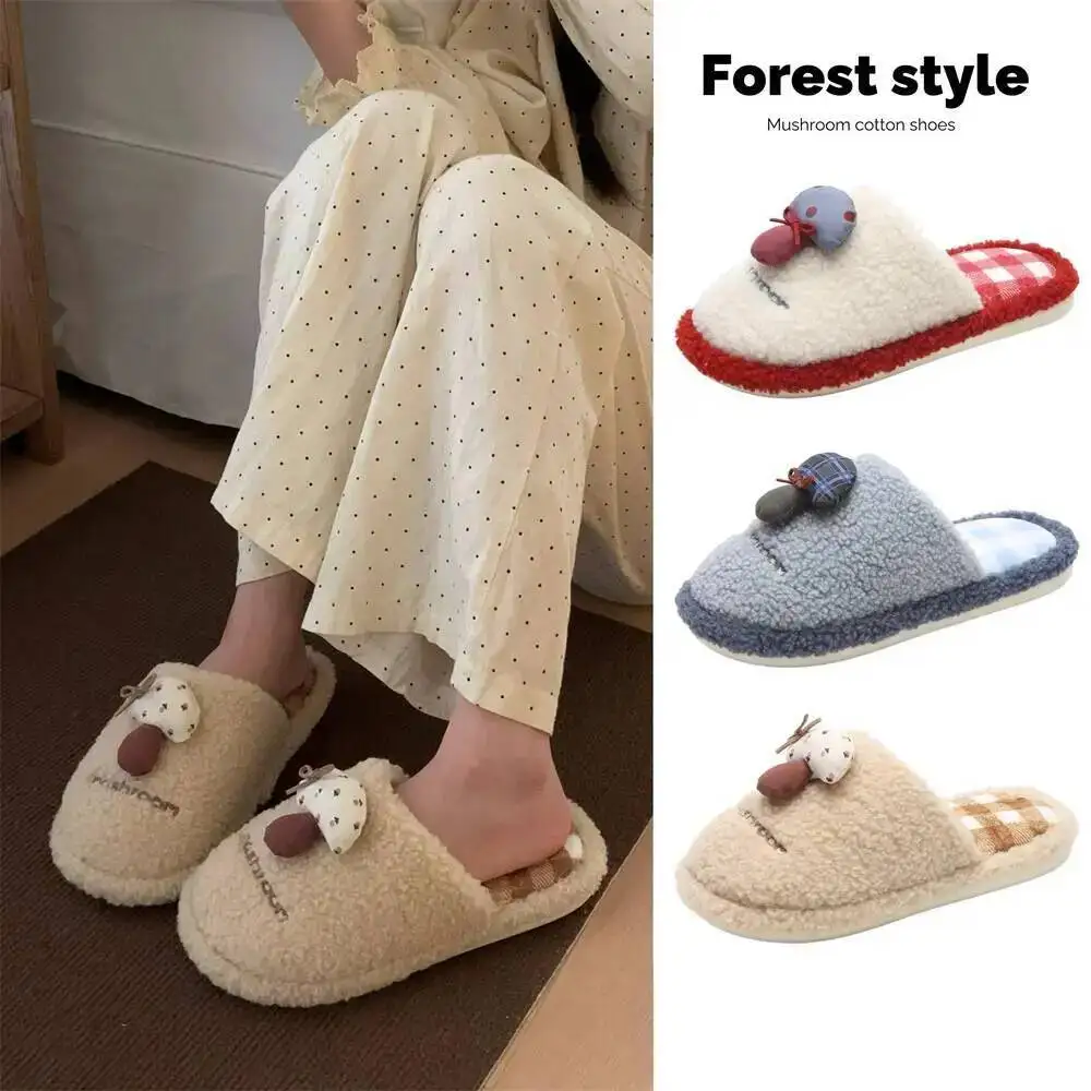 

Женские плюшевые тапочки для дома, осенне-зимние, в клетку, с милым дизайном в виде грибов, хлопковые, нескользящие, теплые