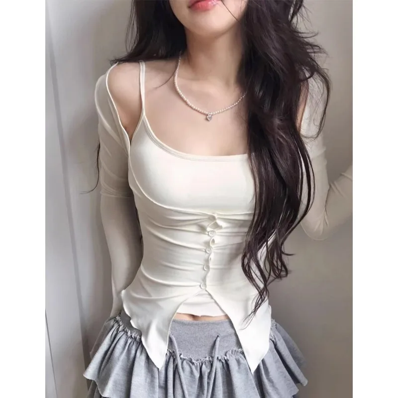 Spring 2026 New Korean Style Solid Color Casual Irregular Long-sleeved T-shirt Women + Sexy Slim Camisole Two-piece Suit