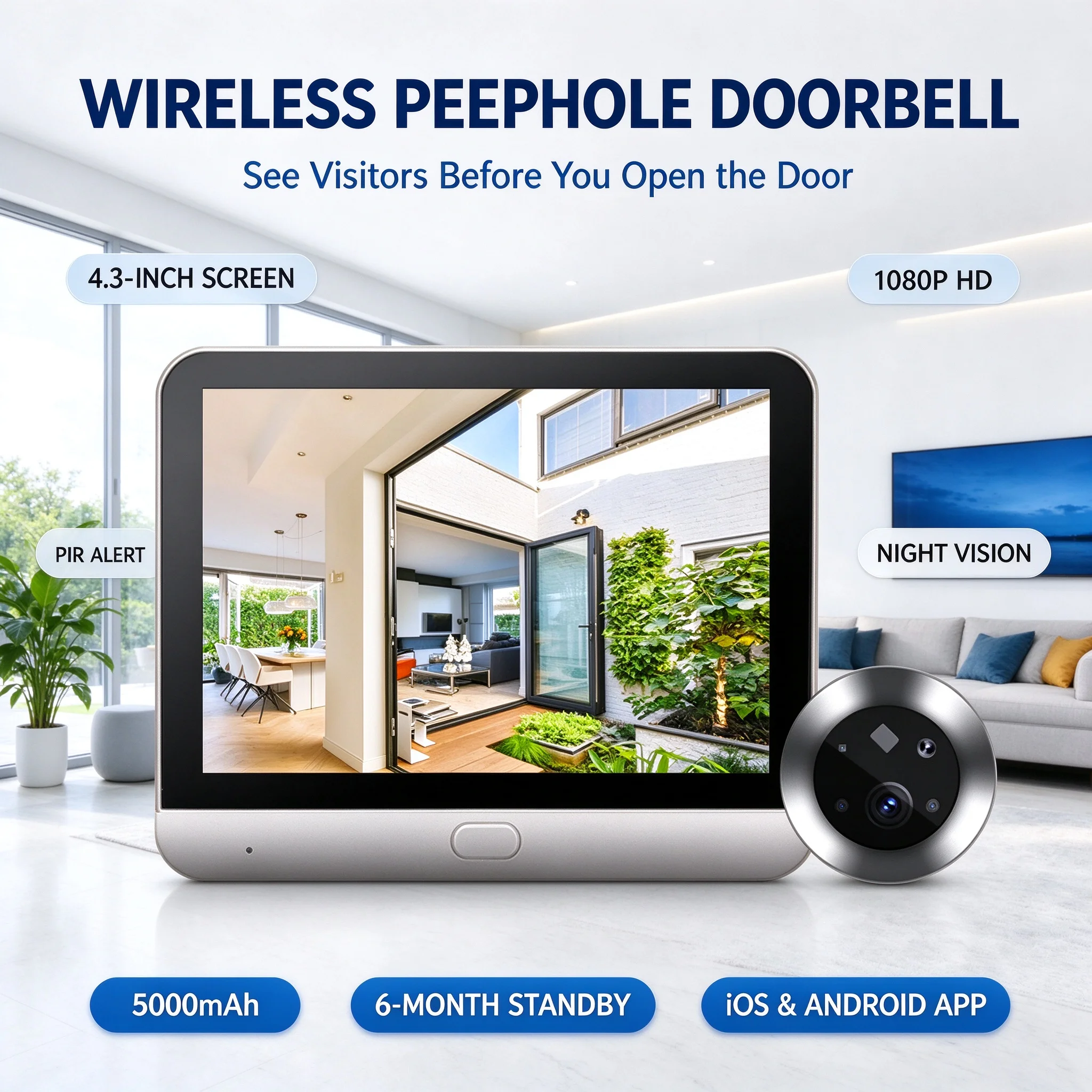 Tuya WiFi Smart Peephole Doorbell Camera 140° Wide Angle 4.3inch Display PIR Detection Long Standby Home Security Cam