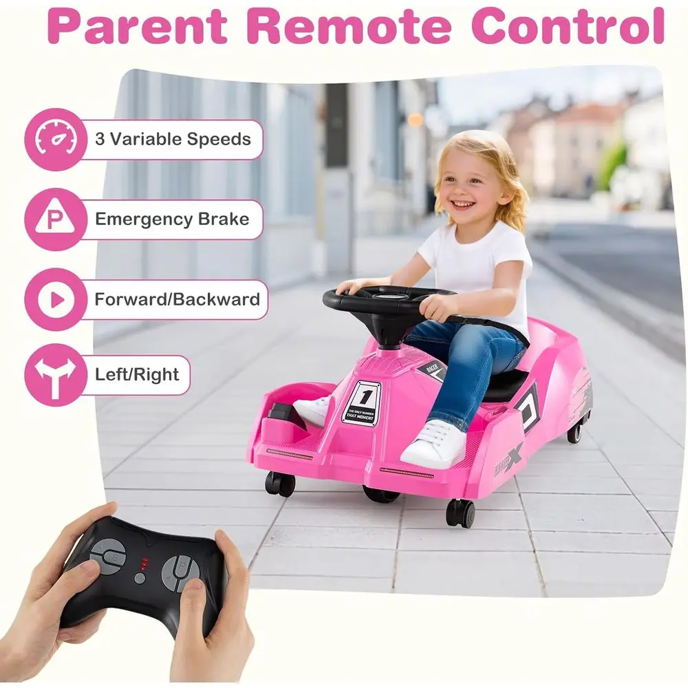 รถโกคาร์ททำความสะอาดไฟฟ้าสำหรับเด็ก แบตเตอรี่ 12V ขับเคลื่อนด้วยพลังงานแบตเตอรี่ พร้อมไม้ถูพื้นแบบถอดได้ รีโมทคอนโทรล 3 ระดับความเร็ว สีชมพู