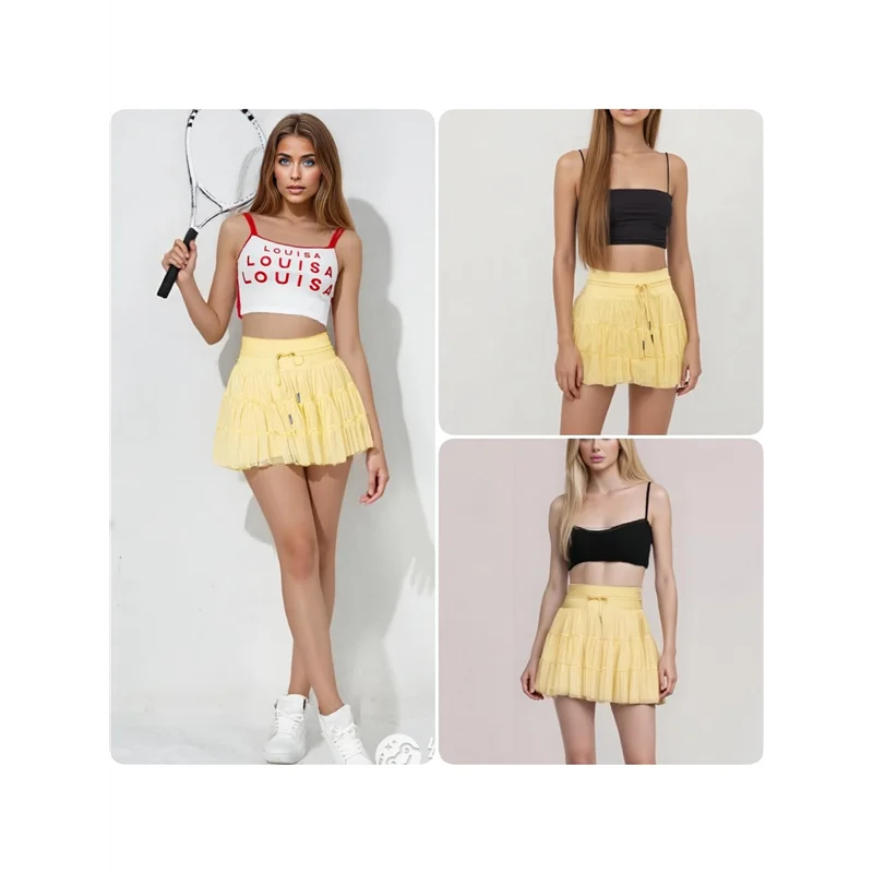 

A83F-Женская плиссированная юбка с высокой талией и рюшами, теннисные юбки, спортивные шорты для бега с шортами и карманами