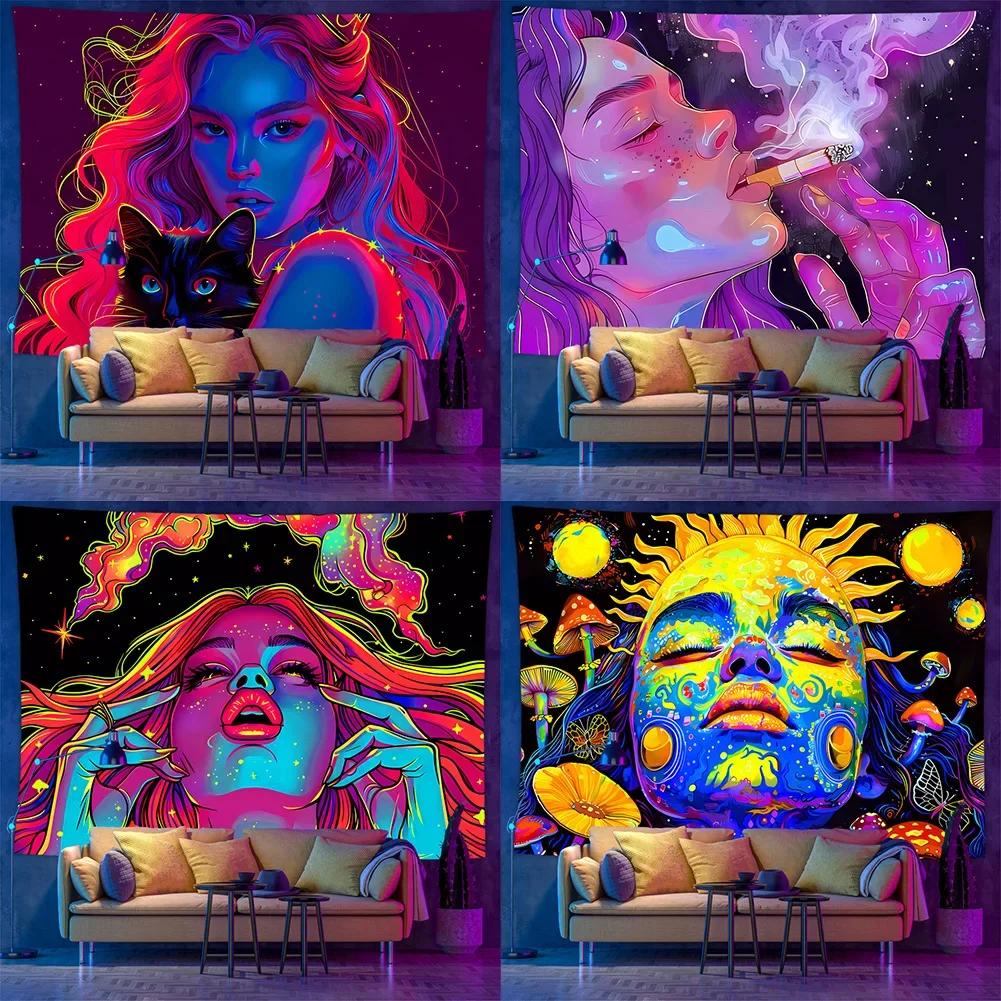 VIKAMA Blacklight Trippy Woman Face Tapestry UV Reactive Neon Wall Hanging Psychedelic Room Decor Home Wall Decoration