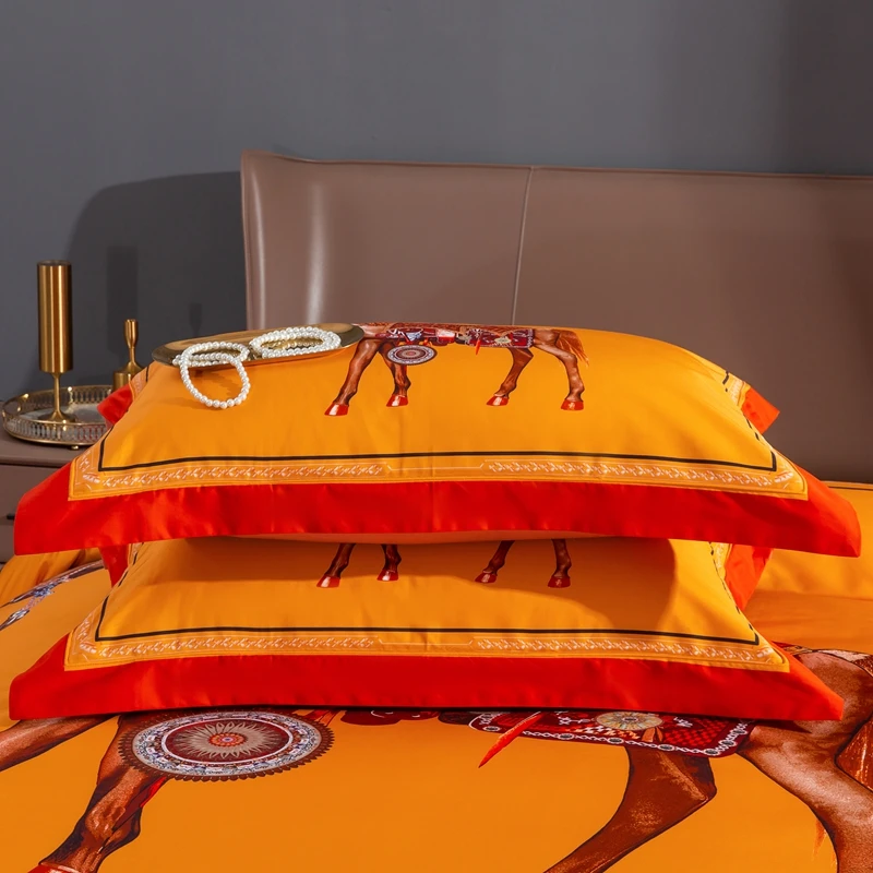 European Style 100% Cotton Four Piece Quilt Cover Orange Printed Duvet Cover Bedding Set Supplier