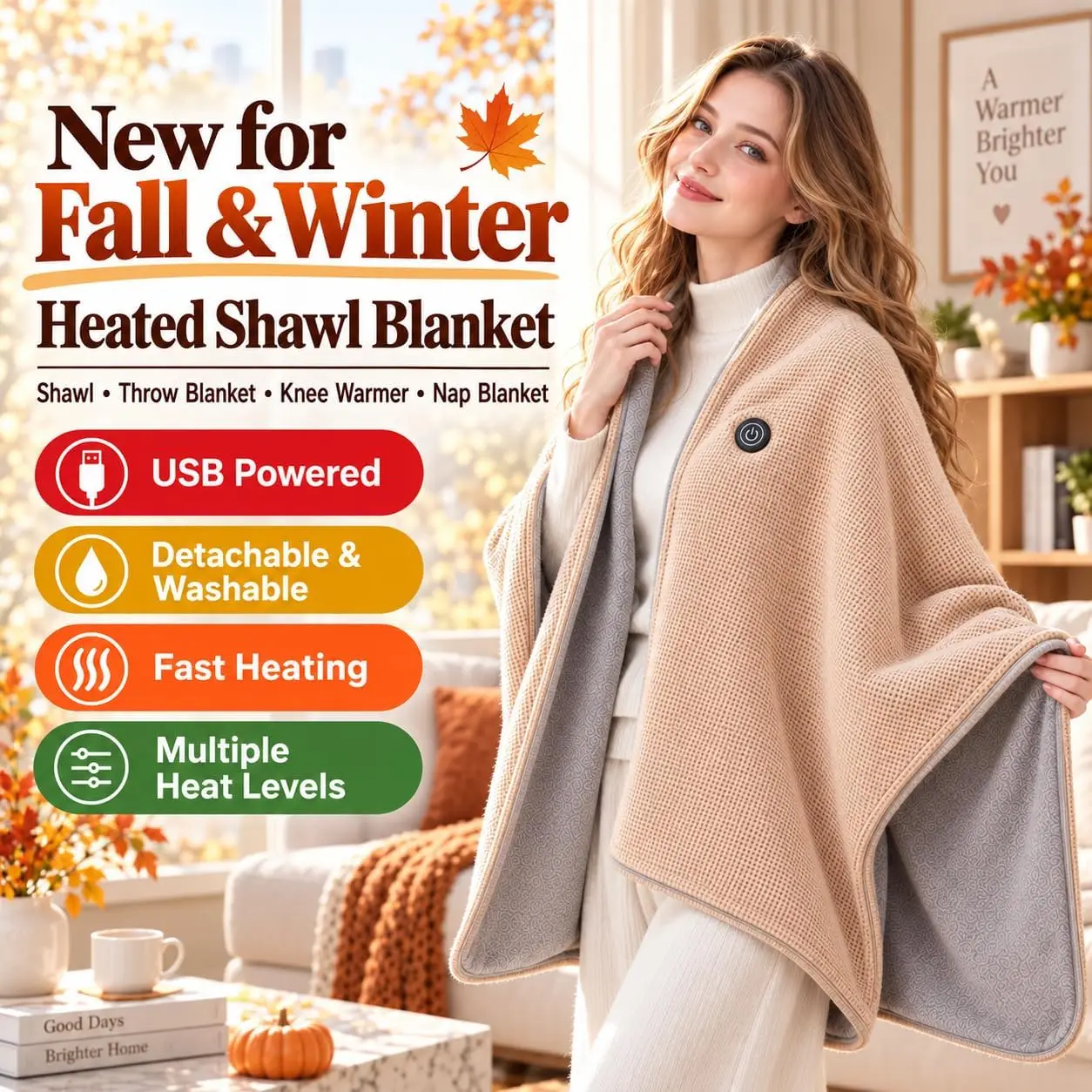 Heated Shawl Wraps for Women Portable Heated Blanket Cordless Apricot Cordless Heated Blanket for Home Office and Travel 3 Heat