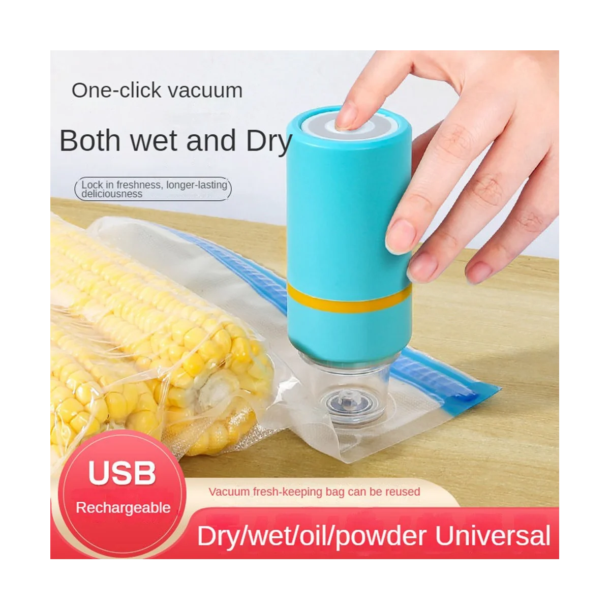 Portable USB Rechargeable Handheld Mini Bag Sealer Kitchen Smart Small Food Household Vacuum Sealer with 10 Bags Blue