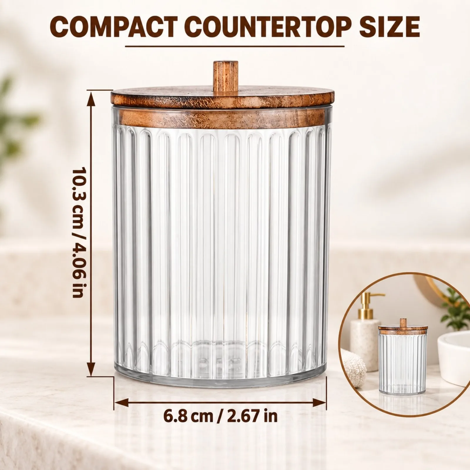 Clear Ribbed Bathroom Organizer Jars with DIY Stickers, 3-Piece Plastic Vanity Containers for Cotton Pads and Small Essentials