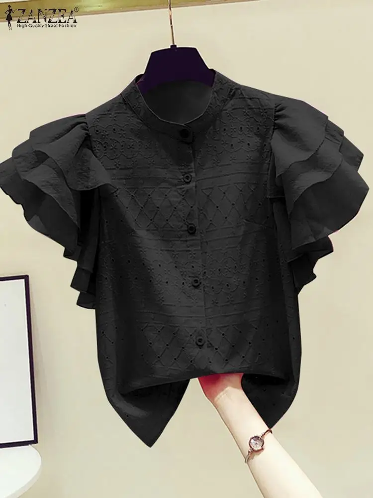 ZANZEA Korean Fashion Ruffle Short Sleeves Tops 2024 Summer Lace Shirt Women Designer Blouse Office Lady Lapel Neck Buttons Tops