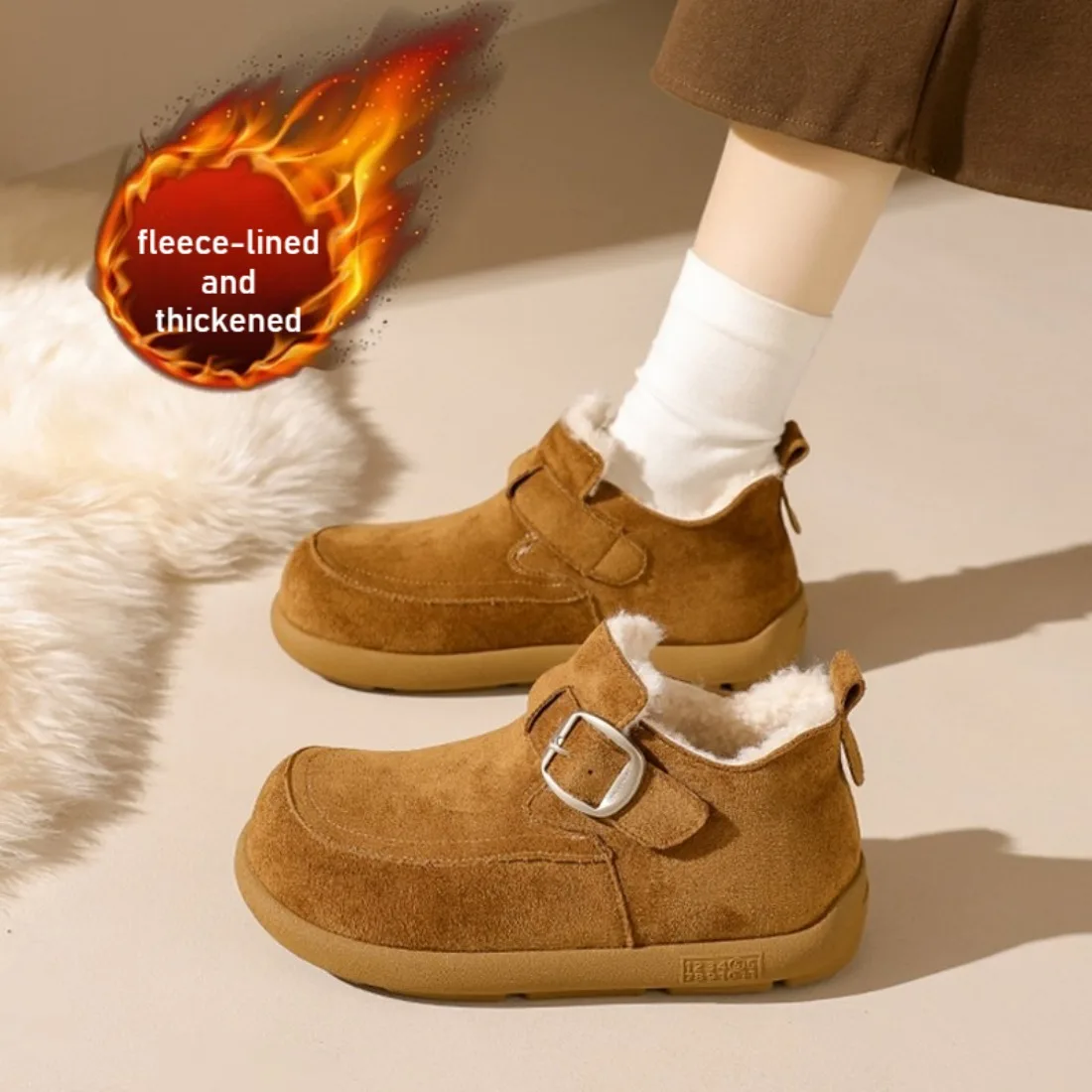 

New Winter Shoes Women Cow Suede Round Toe Buckle Design Comfortable and Versatile Warm Short Plush Ladies Flat Shoes Handmade