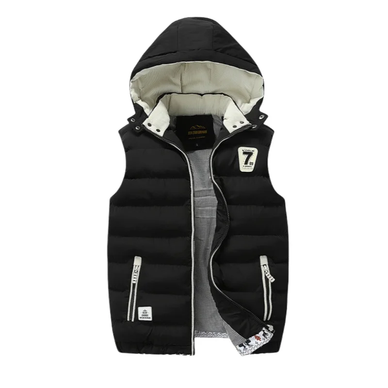 Autumn Winter Mens Hooded Sleeveless Vest Casual Slim Fit Stand Collar Down Cotton Waistcoat Outdoor Fleece Thick Padded Vest