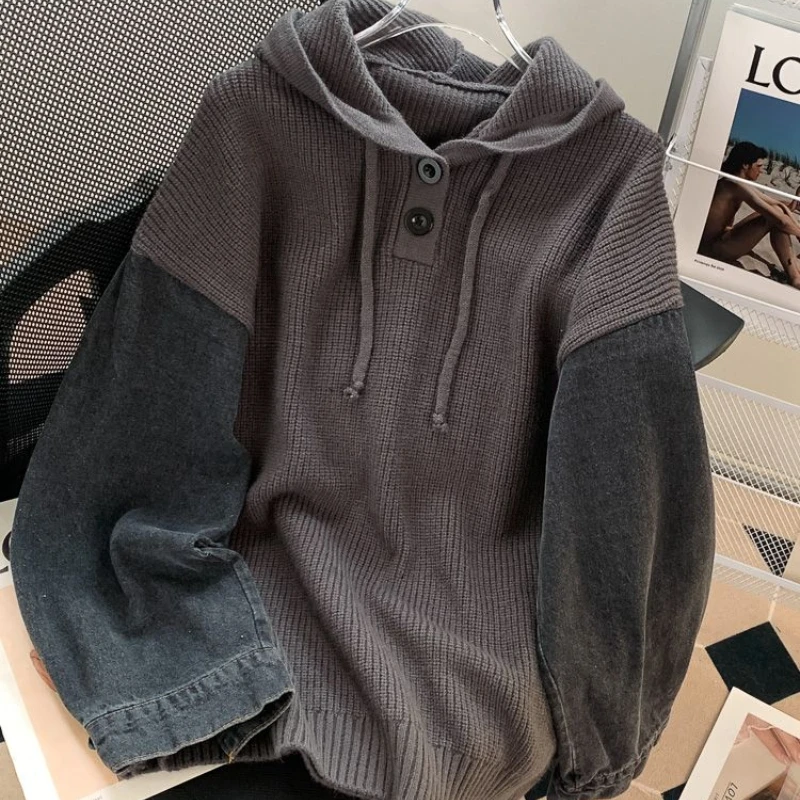 

Juspinice Retro Lazy Style Sweatershirts Unisex Autumn and Winter Splicing Denim Long Sleeve Hooded Pullover Loose Casual Tops