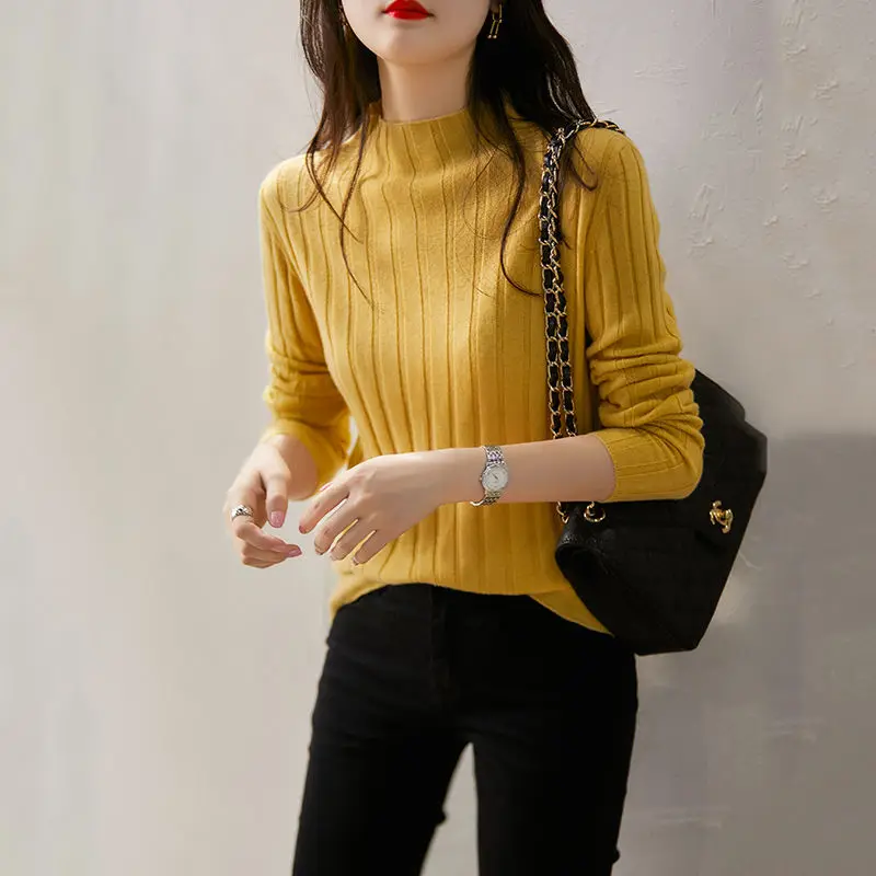 Korean Fashion Autumn New Women Pullovers Sweaters Women Solid Mock Neck Striped Bottoming Female Slim Long Sleeve Knitted Tops