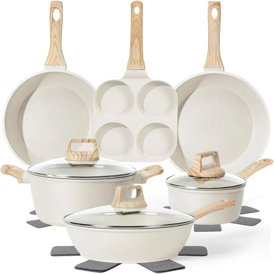 

13 Pcs Nonstick Cookware Set with White Granite Finish for Induction Stovetops Healthy Nontoxic Kitchen Cooking System Includin