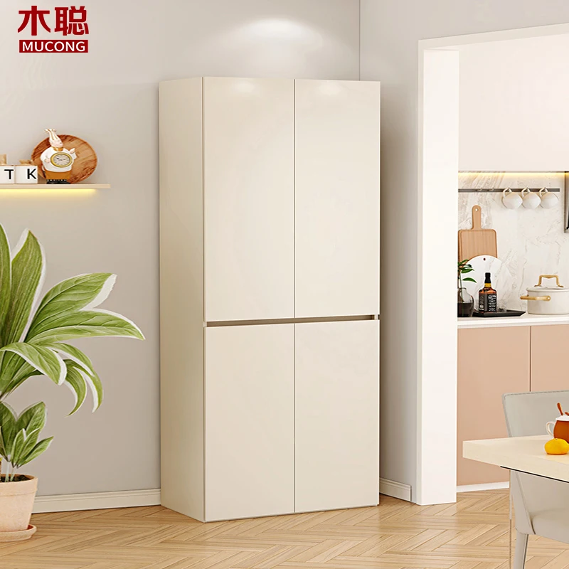 Lemari samping dapur krim warna putih, rak penyimpanan terintegrasi dengan lemari dinding, rak penyimpanan ruang tamu, apartemen kecil 8G303