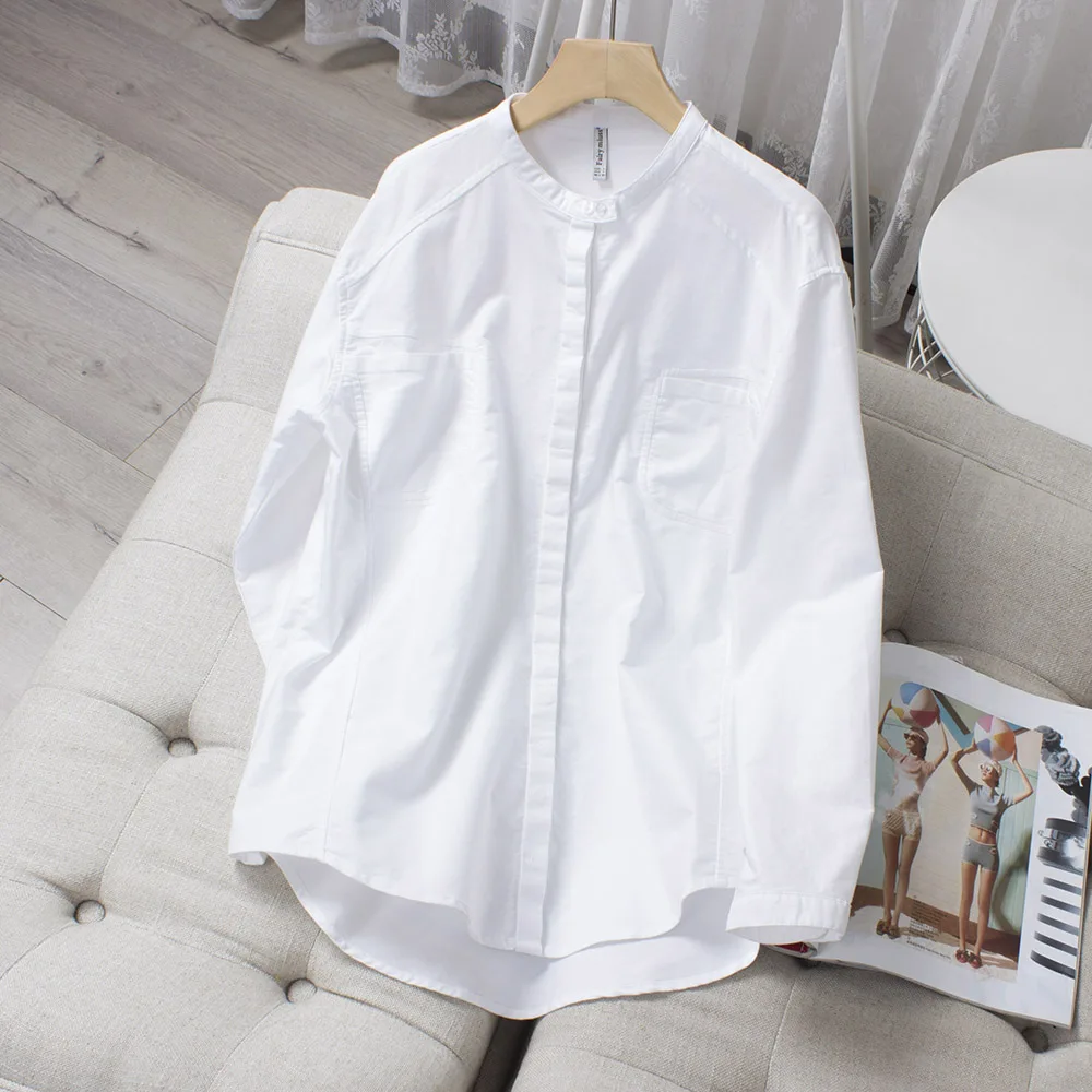 Ladies fashion cotton stand collar white shirt long sleeves concealed placket loose high quality new products