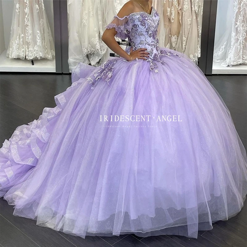 Vestido De baile con escote corazón iridiscente para niñas, Vestido De quinceañera fruncido, púrpura claro, con hombros descubiertos, con cordones, para cumpleaños De 15 años