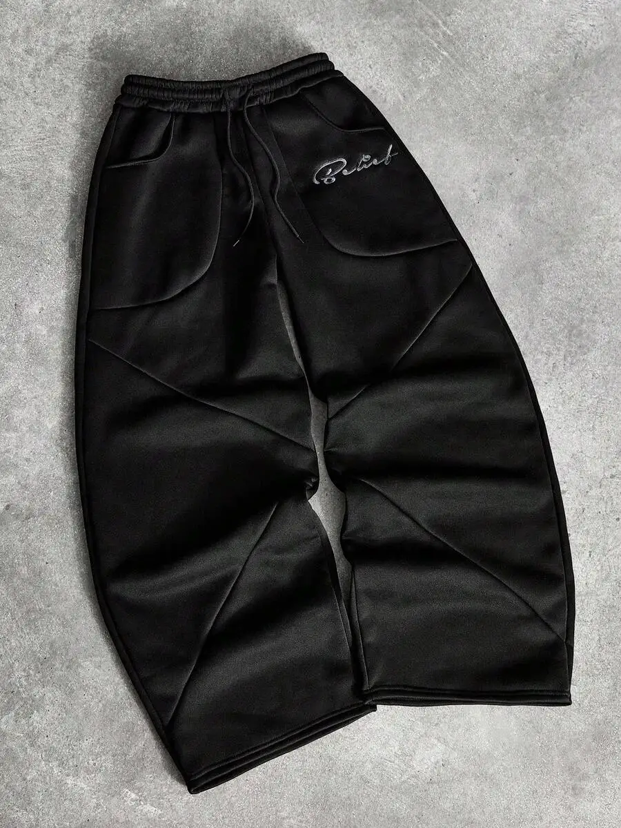 Black Baggy Wide-Leg Sweatpants With Embroidered Script Logo, 2000s Streetwear Style, Patchwork Design