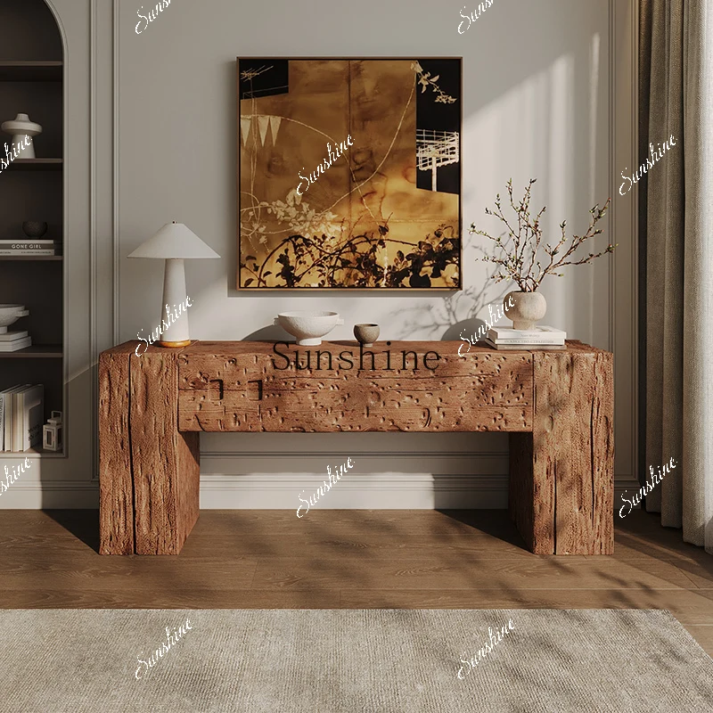 Wabi-sabi wind old elm old log desk bed and breakfast wall decoration display long porch table  FT
