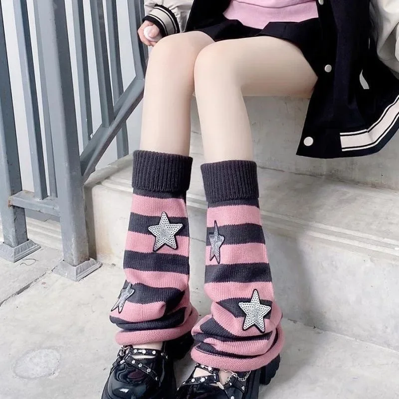 2024 New Women Lolita Y2k Punk Goth Steam Harajuku Knitted Grey Pink Striped Stars Winter Subculture Japanese Leg Warmers Cover