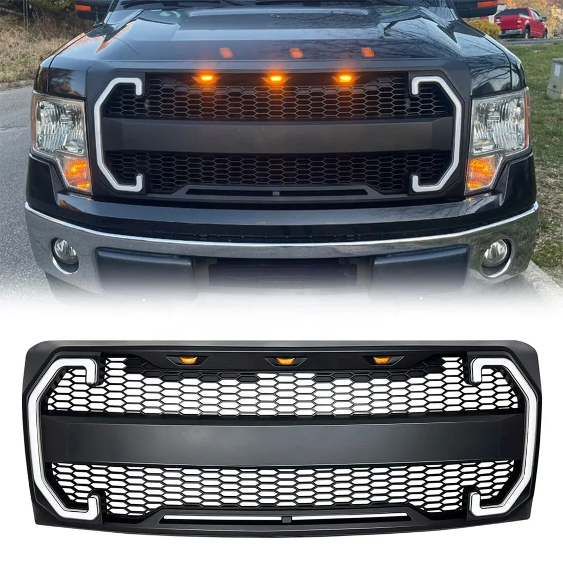 

Car Grills For 2009-2014 Ford F150 Front Bumper Grill Raptor Style With DRL & Turn Signal Lights