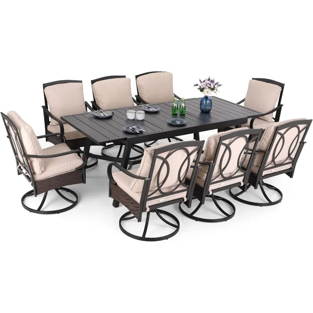 Conjunto de mesa de pátio de 9 peças para 8 pessoas, conjunto de móveis de pátio com 2 cadeiras giratórias de vime e metal e 6 cadeiras de jantar