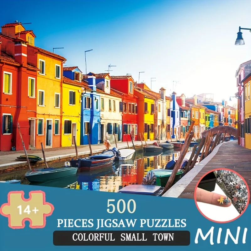 

Small Piece 500-piece Paper Puzzle - "Colorful Small Town", Assorted Colors Finished Size: 15x10 Inches (38x26cm)