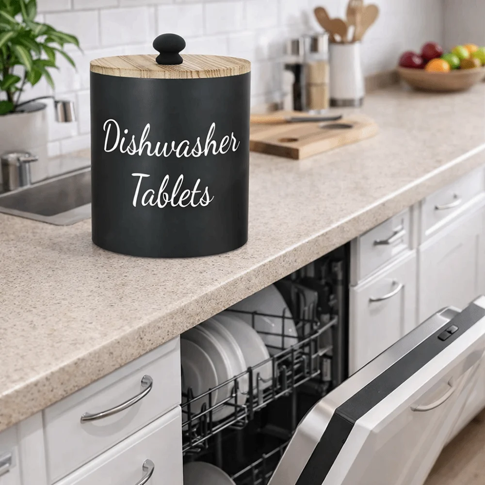 Wood Dishwasher Tablet Container Round Wide Opening Dishwasher Pod Container Large Capacity with Lid Laundry Detergent Case